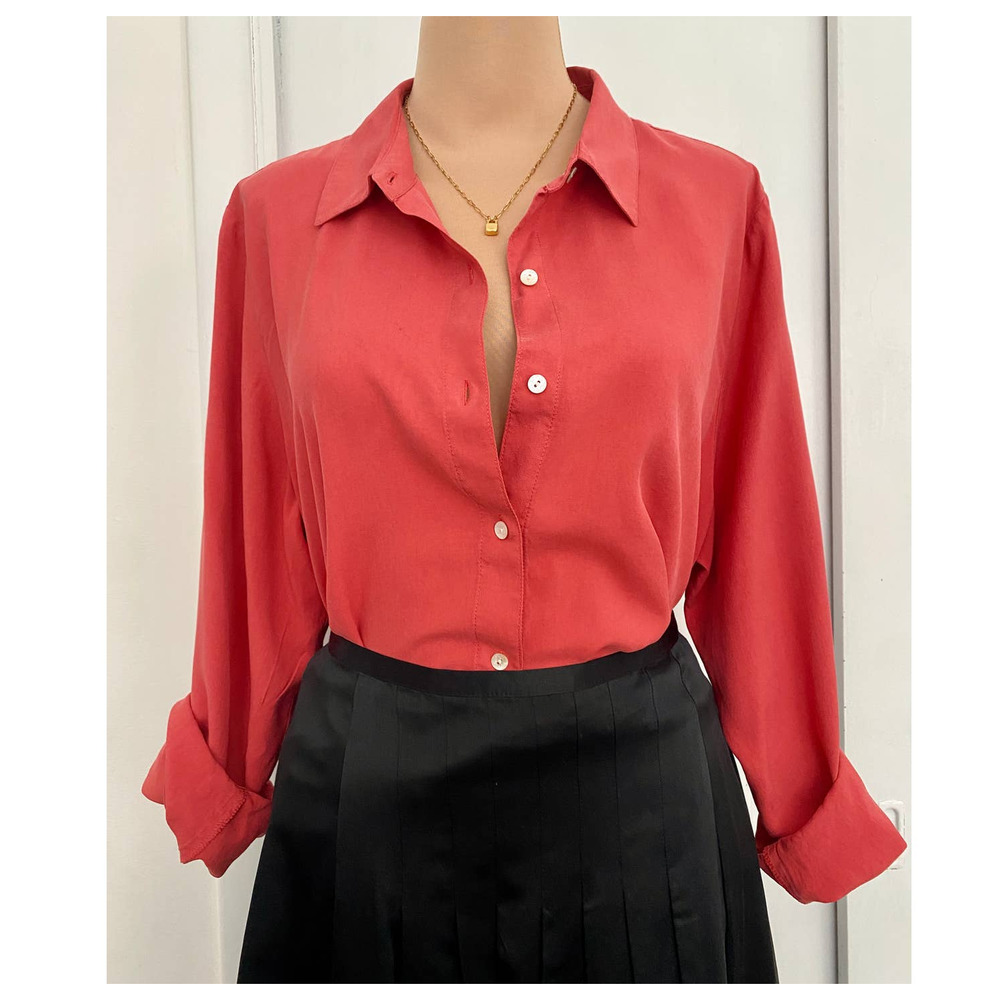 J. Jill 100% Silk Dark Coral Button Down Shirt Large